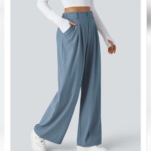 Halara Flex High Waisted Pleated Pocket Wide Leg Waffle Pants Medium Blue